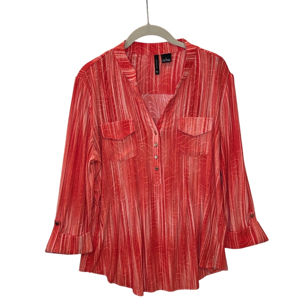 New Directions Womens Orange Red Abstract Stripe Henley Blouse 3/4 Sleeve Large
